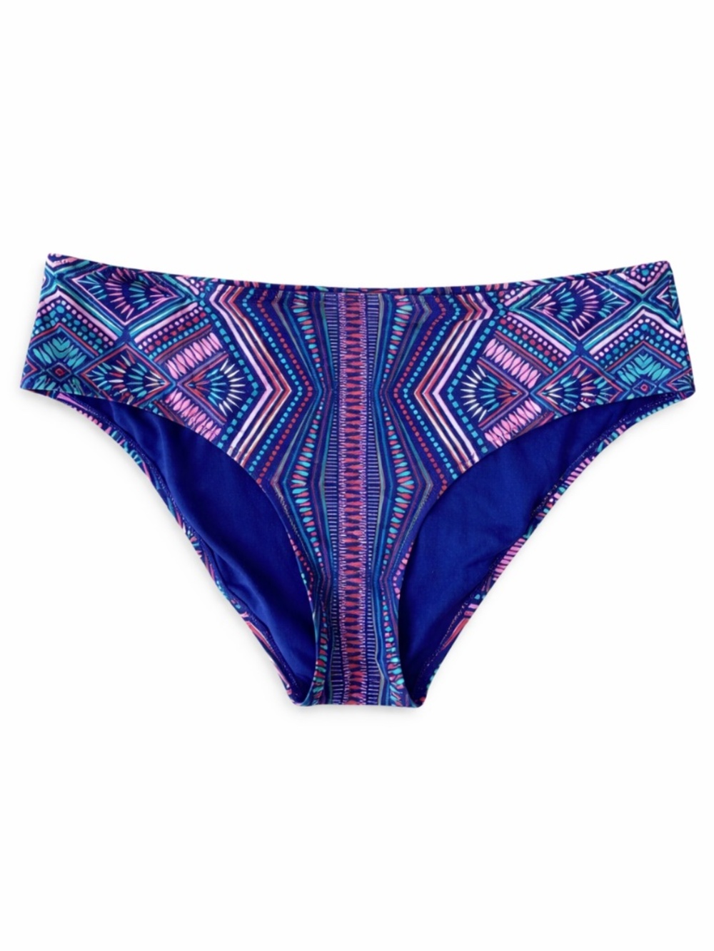 Geometric Print Blue Bikini Bottom with Pink & Teal Accents – Large EUC